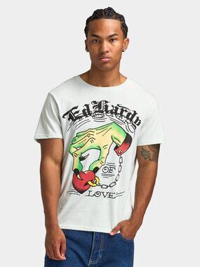 Ed Hardy Heart Hand Tattoo-inspired Graphics T-shirt ,Arctic Blue,XL